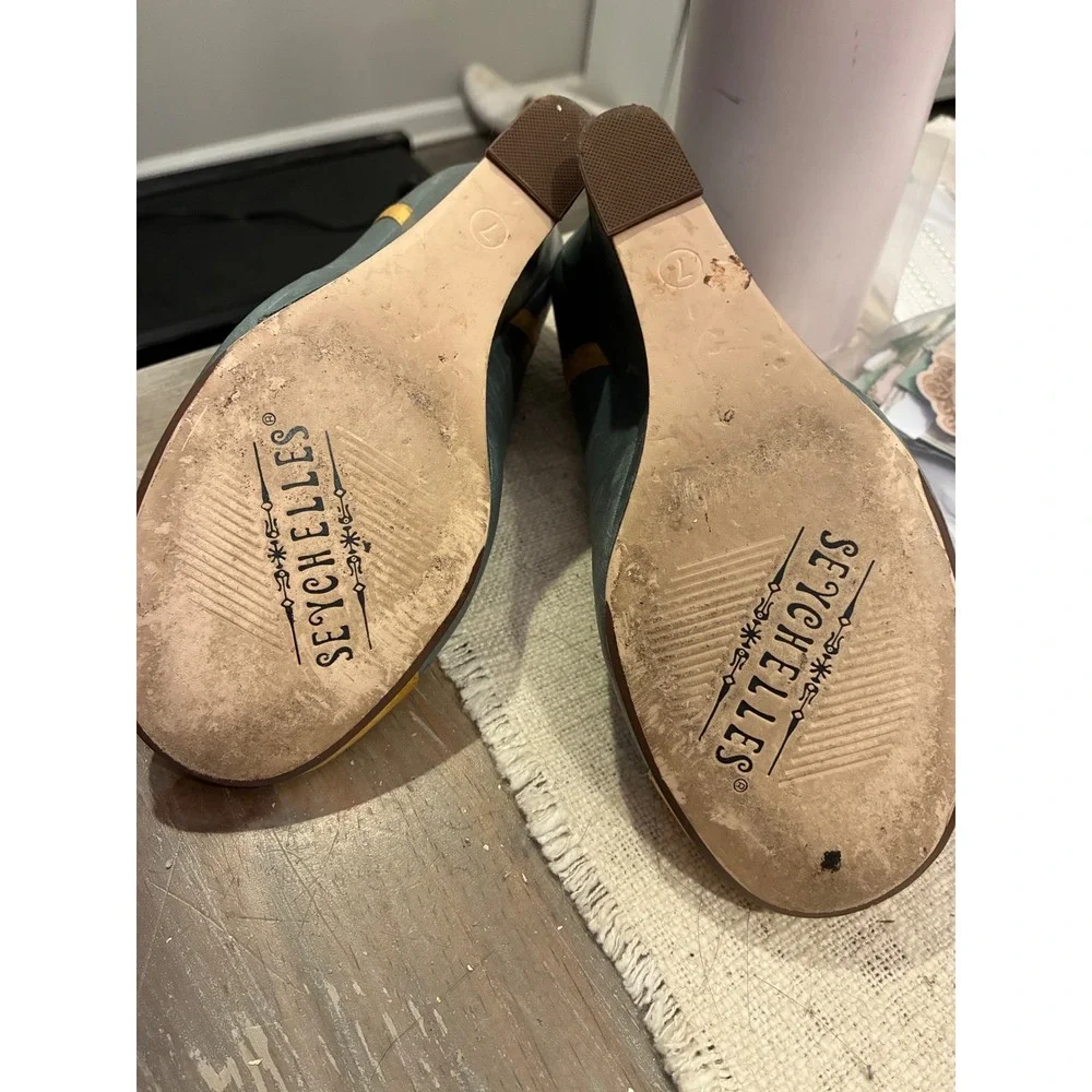 Seychelles Women Blue Yellow Leather T-Strap Wedge Heels Retro Round Toe Size‎ 7